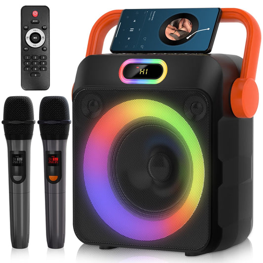 Kivdit Karaoke Machine for Adults & Kids,Portable Bluetooth Speaker with 2 Wireless Microphones,PA System with Colorful Strobe Lights,Supports TWS