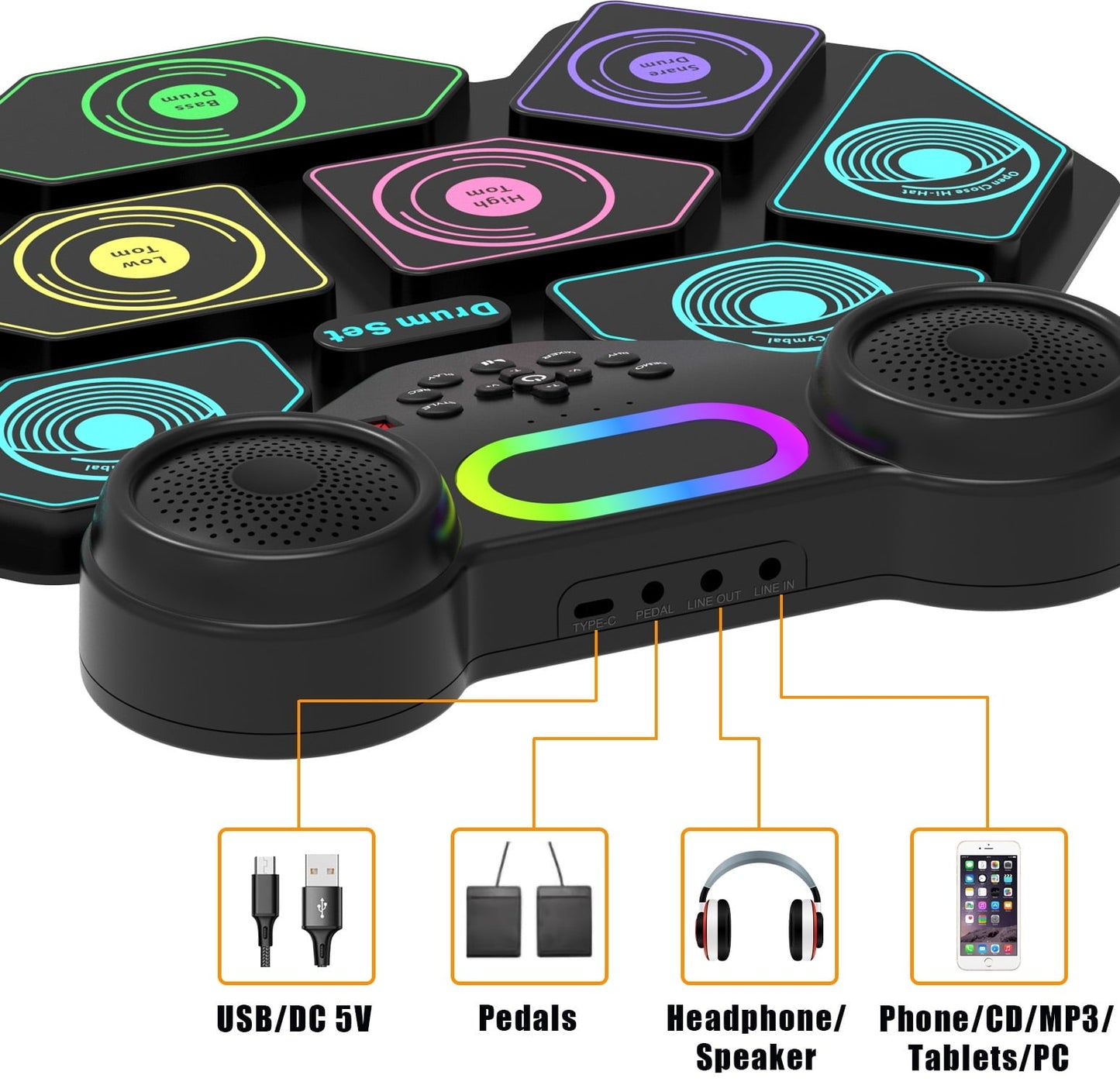 Kivdit Electronic Drum Set for Kids Adults,9 Pads Roll-up Drum Kit for Beginners with Dual Speakers,Headset Jack,Drumsticks,Foot Pedals