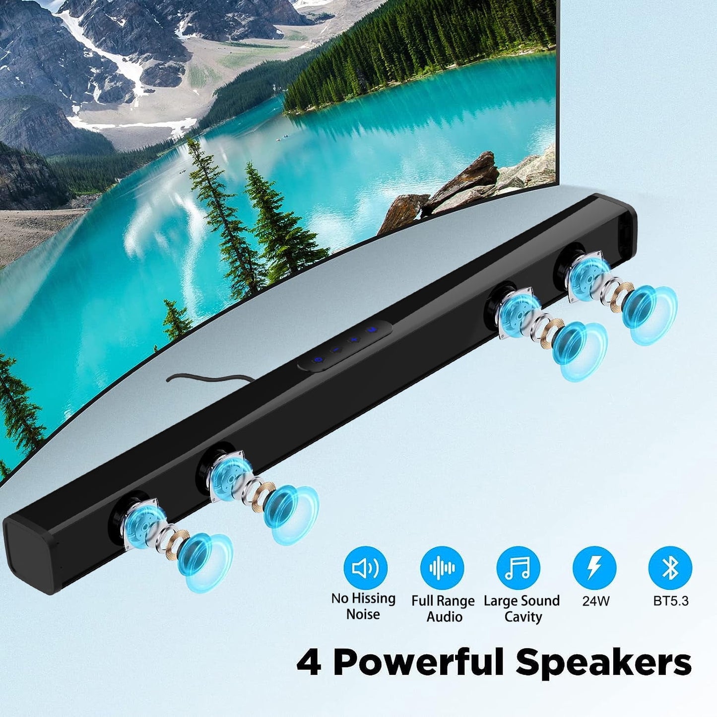 Kivdit 2.0 CH Sound Bar for TV, 32 Inch 24W Soundbar for TV, Home Theater Audio with 3D Surround Sound,Bluetooth 5.3 TV Sound Bar,AUX/Coaxial/Wall Mountable