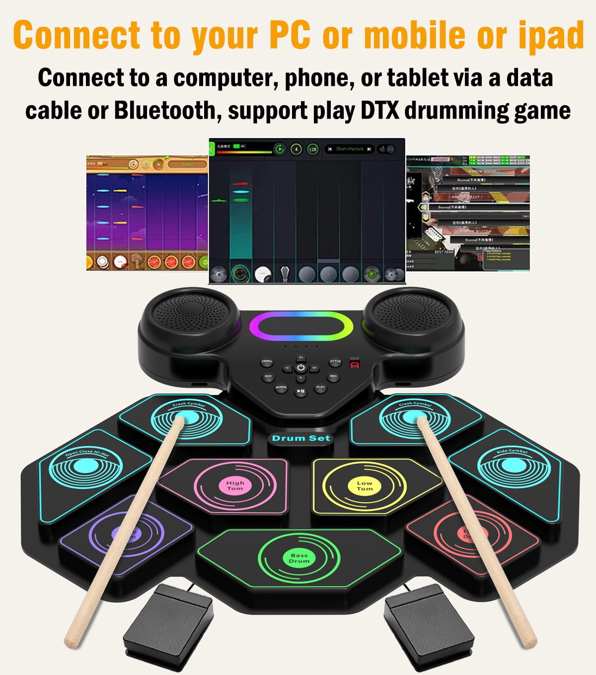 Kivdit Electronic Drum Set for Kids Adults,9 Pads Roll-up Drum Kit for Beginners with Dual Speakers,Headset Jack,Drumsticks,Foot Pedals