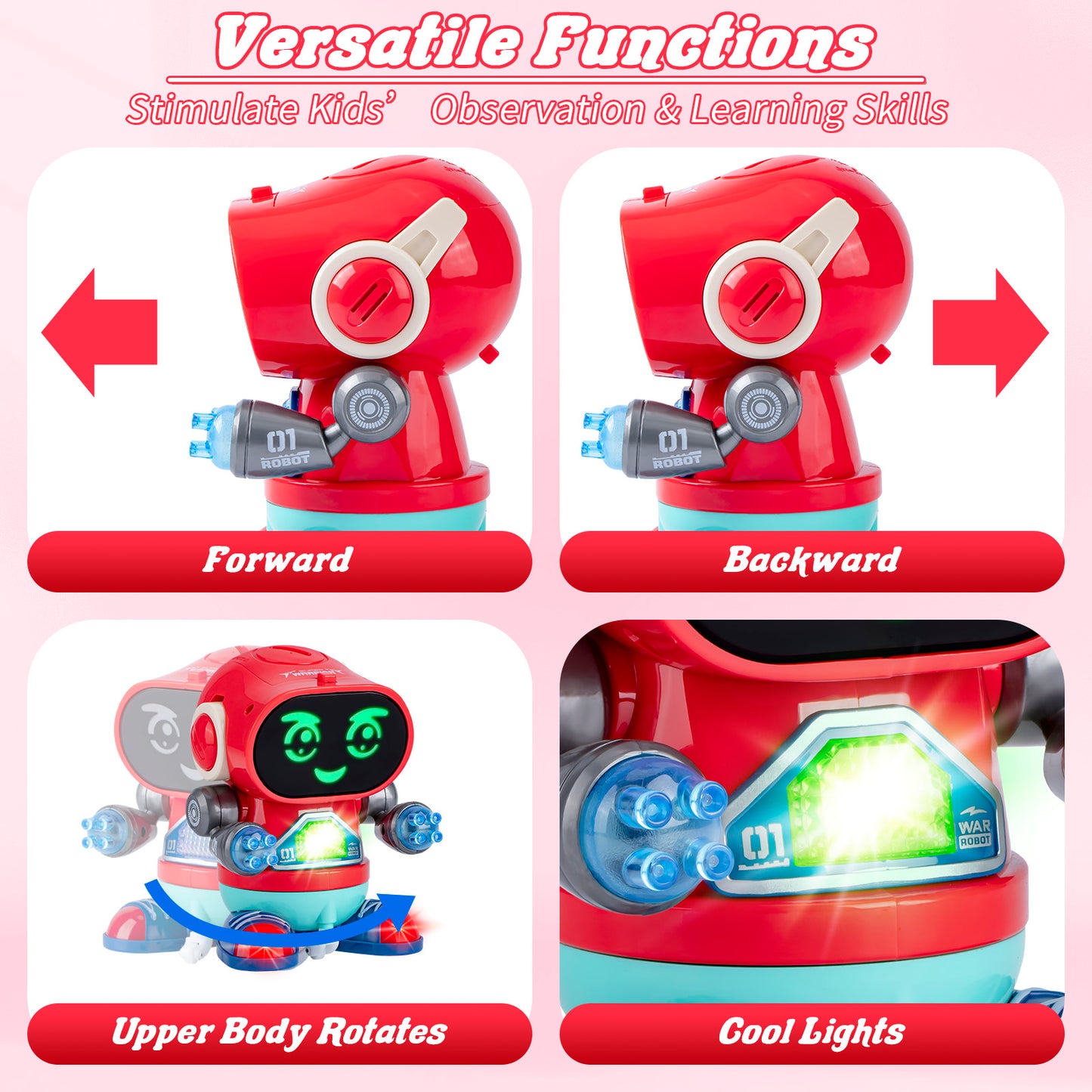 Kivdit RC Robot Toys for Kids,Rechargeable Programmable Smart Remote Control Robot with LED Eyes and Switchable Music,Pink